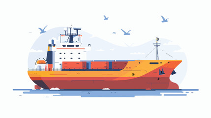 Modern dry cargo ship in sea. Vector flat style illus - obrazy, fototapety, plakaty
