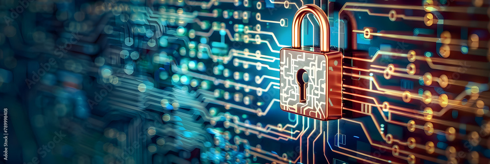 Poster lock on circuit pattern. concept of data security and cybersecurity.