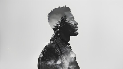 black and white portrait shot of a peaceful African American man with his eyes closed, double exposure, on a white background, noir - obrazy, fototapety, plakaty