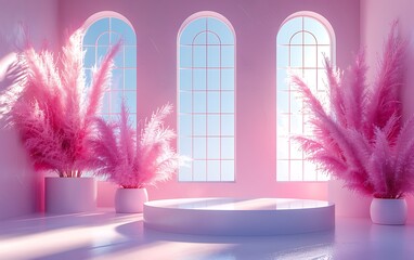 3d render of minimal product display podium with palm tree and sunlight