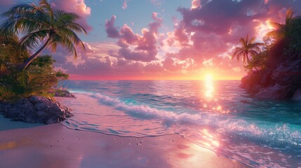 Tropical Beach Sunset with Palm Trees and Calm Ocean Waves