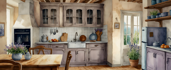 French Country Charm: Cozy Kitchen with Lavender Bouquet in Watercolor Hand Drawing - Realistic Interior Design and Nature Photo Stock Construction