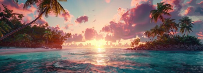 Fototapeta na wymiar Tropical Beach Sunset with Palm Trees and Calm Ocean Waves