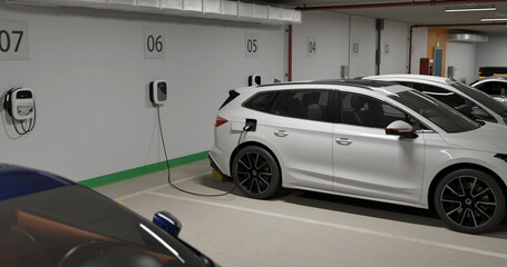 Generic electric crossover car connected to charging box. EV vehicle plugged in energy station, recharge battery at shopping mall or urban city house parking lot.