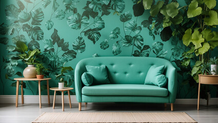 A green couch sits in front of a green patterned wall with plants next to it.


