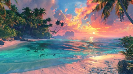 Fototapeta premium Tropical Beach Sunset with Palm Trees and Calm Ocean Waves