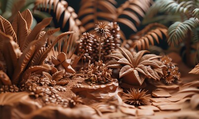Craft a clay sculpture that brings to life the enchanting world of rare plant biodiversity Emphasize the wide-angle perspective to highlight the lush details and distinctive features of the plants in - obrazy, fototapety, plakaty