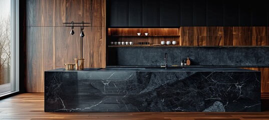 Kitchen featuring black marble countertops and wooden cabinets - obrazy, fototapety, plakaty