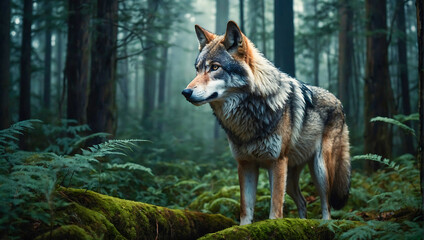 Naklejka na ściany i meble imposing and powerful wolf standing amidst the heart of a dense forest