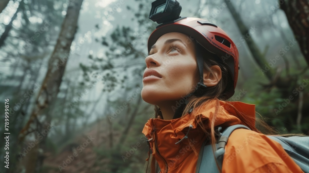 Poster a hiker using a helmet camera to document their journey and share the beauty of nature while also pr
