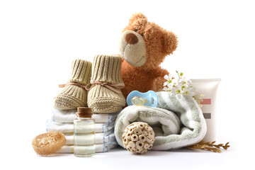Set of baby items with white isolated background