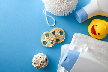 Bath products for children on blue table