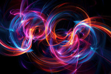 Dynamic neon swirls dancing in mesmerizing cosmic display. Abstract art on black background.