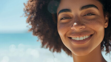 Beach backdrop with a beaming smile, african dark-skin woman, ideal for vacation and wellness themes.
