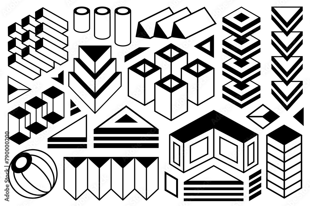 Poster abstract isometric black and white geometric design elements. set of three dimensional triangular, r