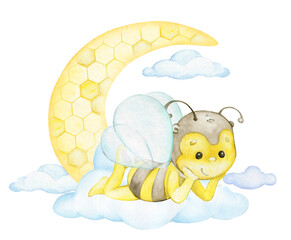 bee clouds moon watercolor clipart