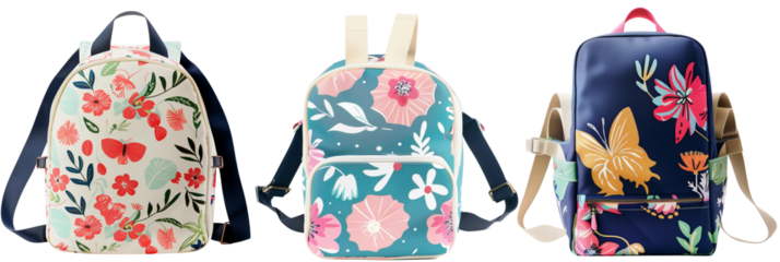 set of different school bags with whimsical floral patterns, suitable for young girls, isolated on transparent background