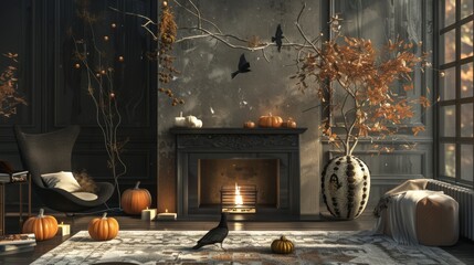 Classic Halloween decor with lit fireplace and pumpkins, suitable for seasonal and home design content. - obrazy, fototapety, plakaty