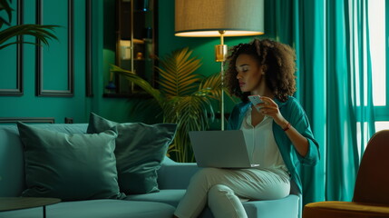 Comfortable remote working environment, woman with headphones. Great for home office, study concepts.