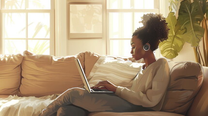 Fototapeta premium Woman engrossed in work on laptop in sunny room. Fits remote work, focused productivity.