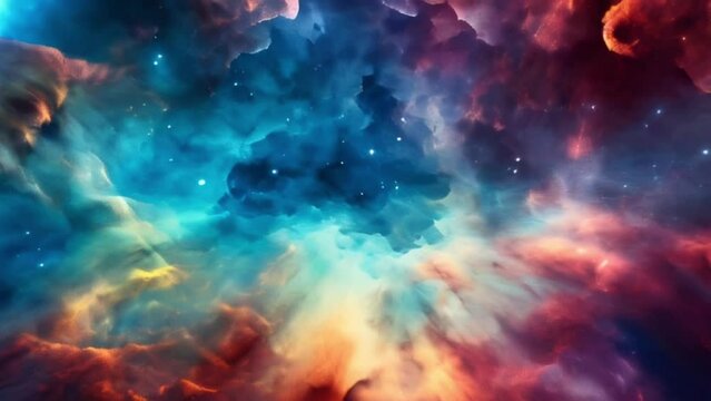 Vibrant space nebula with swirling colors of blue, purple, and red, dotted with stars. Slow motion
