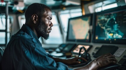 A ships captain receiving uptodate information about potential hazards or threats along their designated route as part of maritime intelligences efforts to enhance navigation . - obrazy, fototapety, plakaty