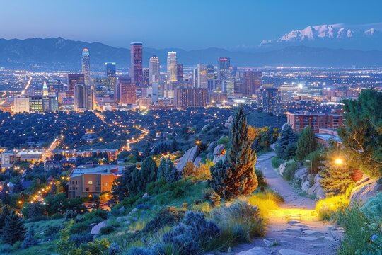 Landscape view of the downtown skyline of a small town at night professional photography