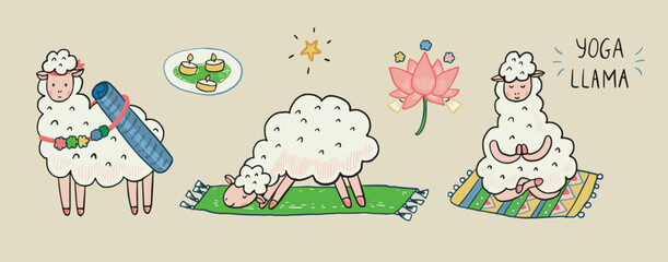 Obraz premium Yoga llama doodle vector illustrations set.