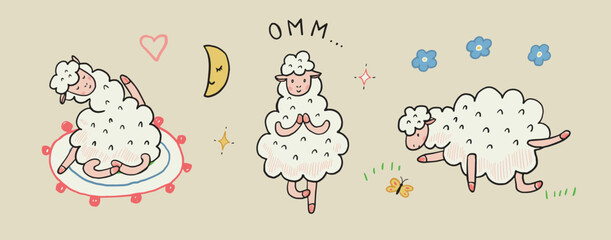 Fototapeta premium Yoga llama doodle vector illustrations set.