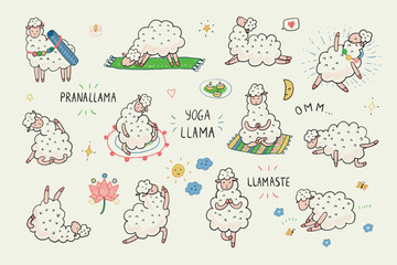 Yoga llama poses doodle vector illustrations set. - 790001083