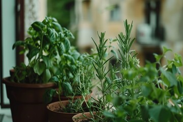 Fresh green herbs basil, rosemary and coriander in pots on the terrace of the house