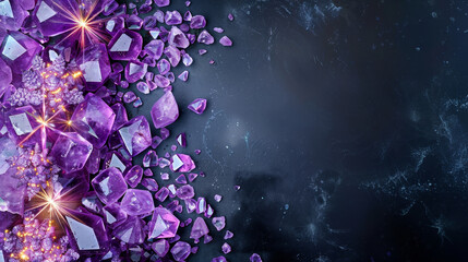 Purple amethyst crystals forming a decorative border on a dark background.