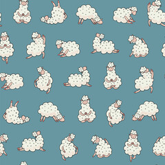 Fototapeta premium Yoga llama doodle vector seamless pattern.