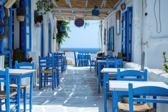 Fototapeta Greek culture with traditional white and blue greek architecture, taverna