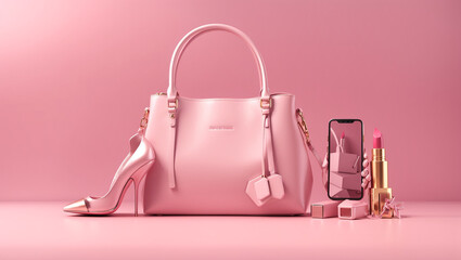 A pink handbag and two pink high heels on a pink background with pink candies scattered on the ground.

