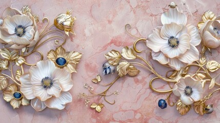 Elegant Baroque Golden Floral Decorations on Luxe Marble.