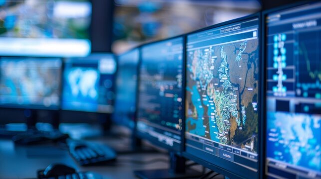 A hightech command center equipped with the latest communication devices and realtime tracking systems used to coordinate emergency responses. .