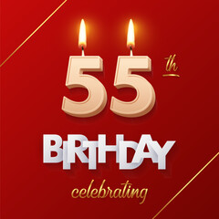 Birthday 55 number candles with fire for anniversary vector illustration. 3D realistic beige wax numbers twenty with candlelight, white and gold font on red background for invitation, greeting card