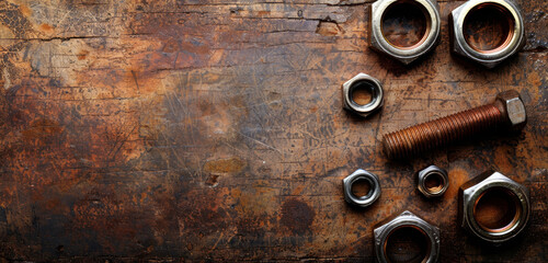 Rustic metal texture with orange rust and nuts.