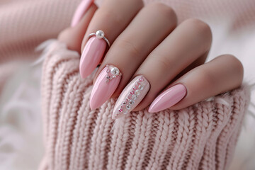 gel nails in pink pastes tone, with nail ring and inlaid shiny rhinestones
