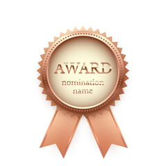 Bronze medal for third place with ribbons and text Award Nomination name. Winner rank three on white background. Championship in sport or movie vector illustration