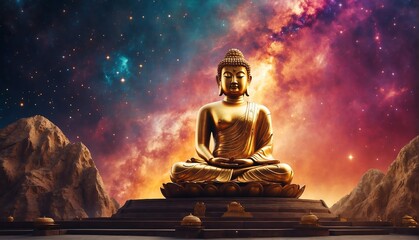 bright galaxy universe background with giant gold buddha statue from Generative AI