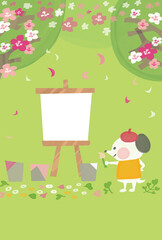 花吹雪の中絵を描く犬のイラスト