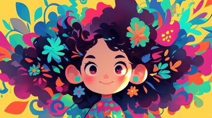 A charming little girl with adorable curls depicted in a playful doodle style portrayed as a doodle doll toy in a vibrant 2d illustration