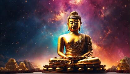 bright galaxy universe background with giant gold buddha statue from Generative AI - obrazy, fototapety, plakaty