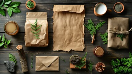 Top view of a natural branding identity template with eco-friendly packaging materials - obrazy, fototapety, plakaty