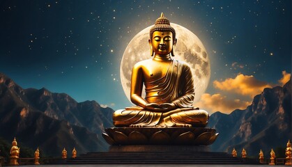 bright moon background with giant gold buddha statue from Generative AI - obrazy, fototapety, plakaty
