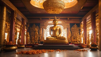 inside a temple with giant gold buddha statue from Generative AI