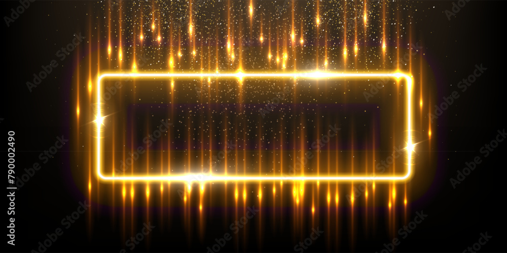 Wall mural gold rectangle shape border with flash rays and sparks vector illustration. realistic 3d shiny golde