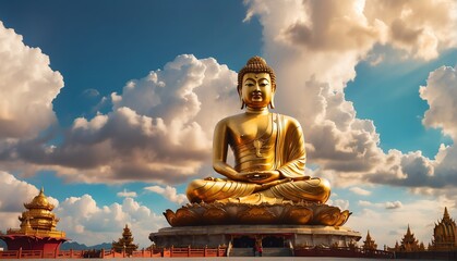 Fototapeta premium magical cloud sky landscape with giant gold buddha statue from Generative AI